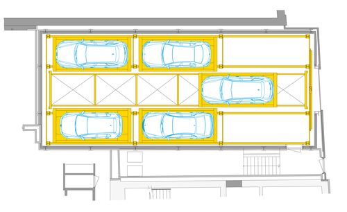 The diagram shows the layout of the parking spaces on the entry level of a parking system