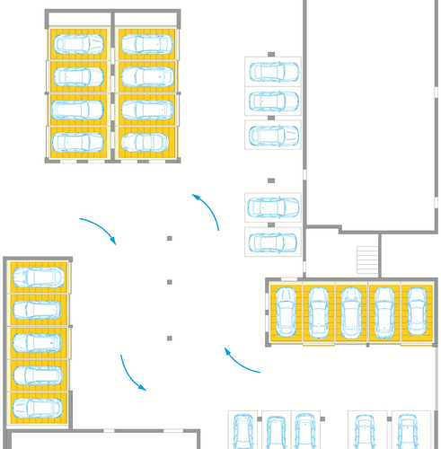 Grafik der Anordnung der Parksysteme in der Tiefgarage