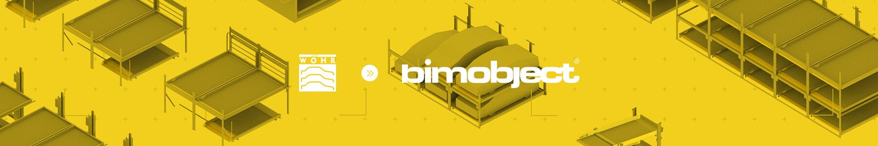 Gelbgefärbte Autoparksysteme mit dem Hinweis auf das Portal BIMObject
