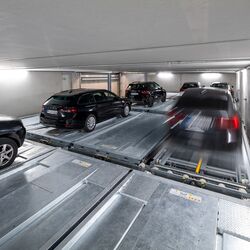 Cars parked in the parking system in the underground car park