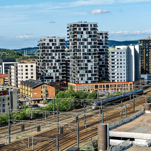 Ansicht aus der Luft auf das gesamte Gelände des Meierikvartalet in Oslo