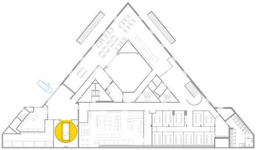 Grafik der Position der Einfahrtskabine im Gebäude
