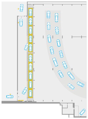 The illustration shows the position of the parking system within the building