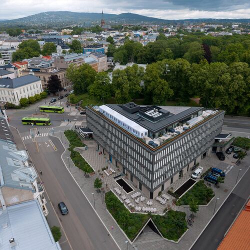Ansicht aus der Luft auf das Gebäude des ehemaligen amerikanischen Botschaft in Oslo