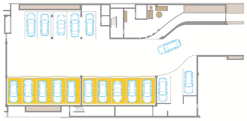 Das Bild zeigt eine schematische Darstellung einer Parkgarage mit Stellplätzen und Fahrzeugen.