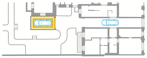 The graphic shows the location of the parking system in the building’s courtyard