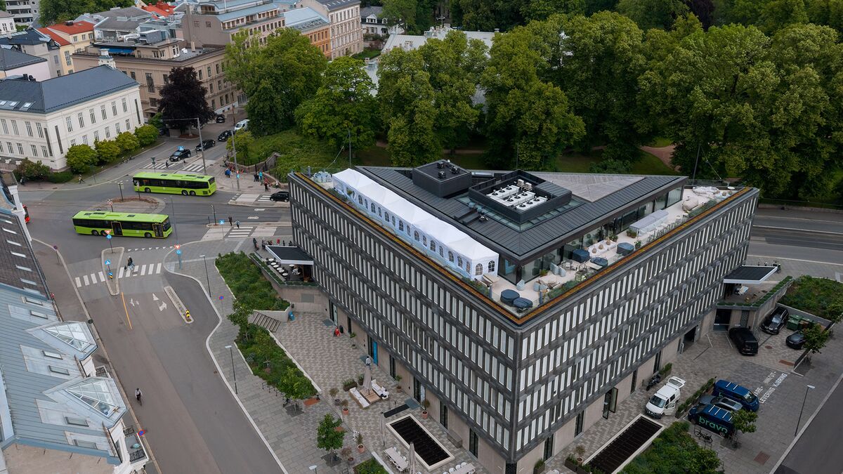 Ansicht aus der Luft auf das Gebäude des ehemaligen amerikanischen Botschaft in Oslo