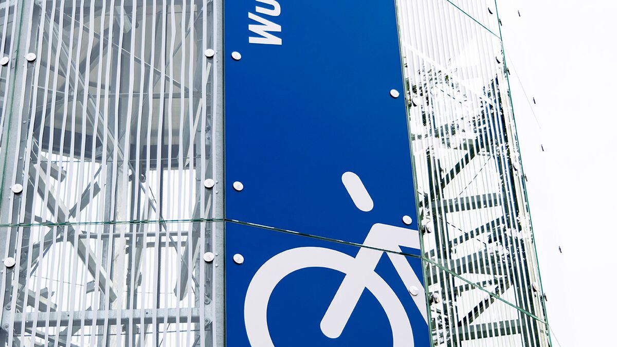 Sign on the façade of an automated bicycle parking tower