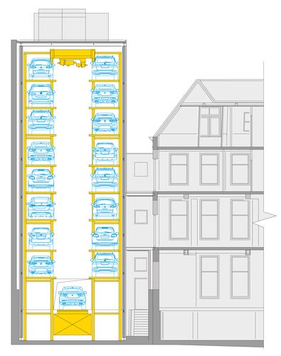 The diagram shows the arrangement of parking spaces in a parking system as a cross-section