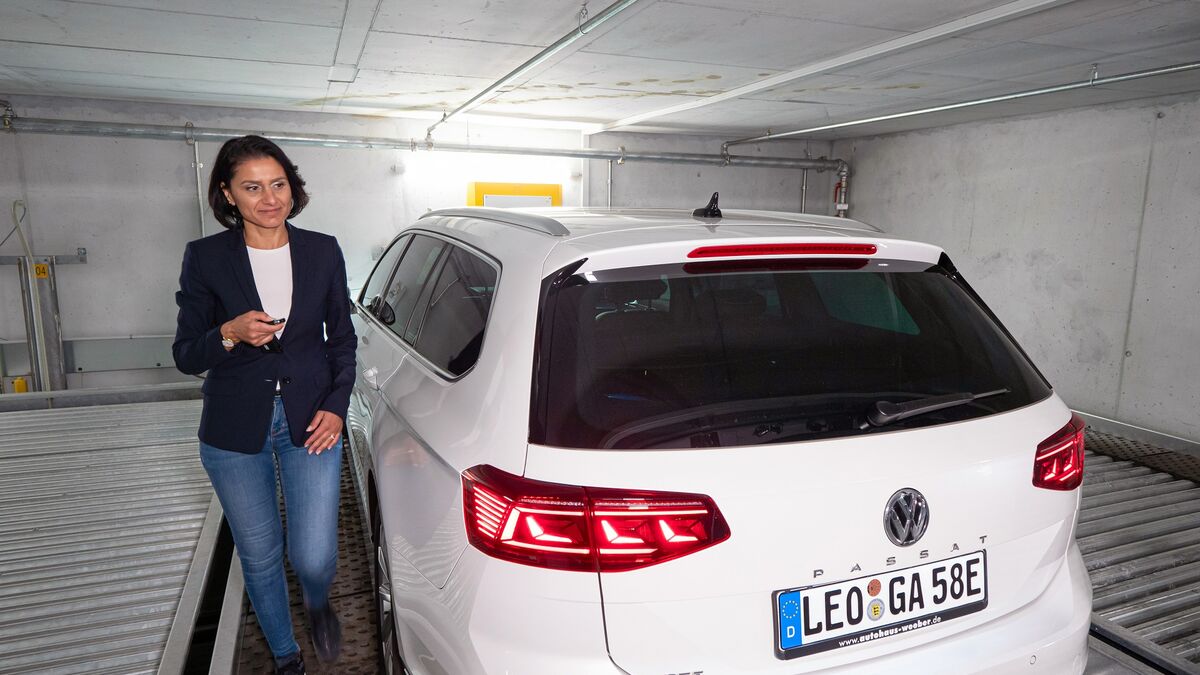 A woman has parked her car in the parking system